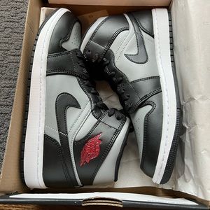 Nike Air Jordan 1 Mid - Black and Shadow Grey with Red Swoosh